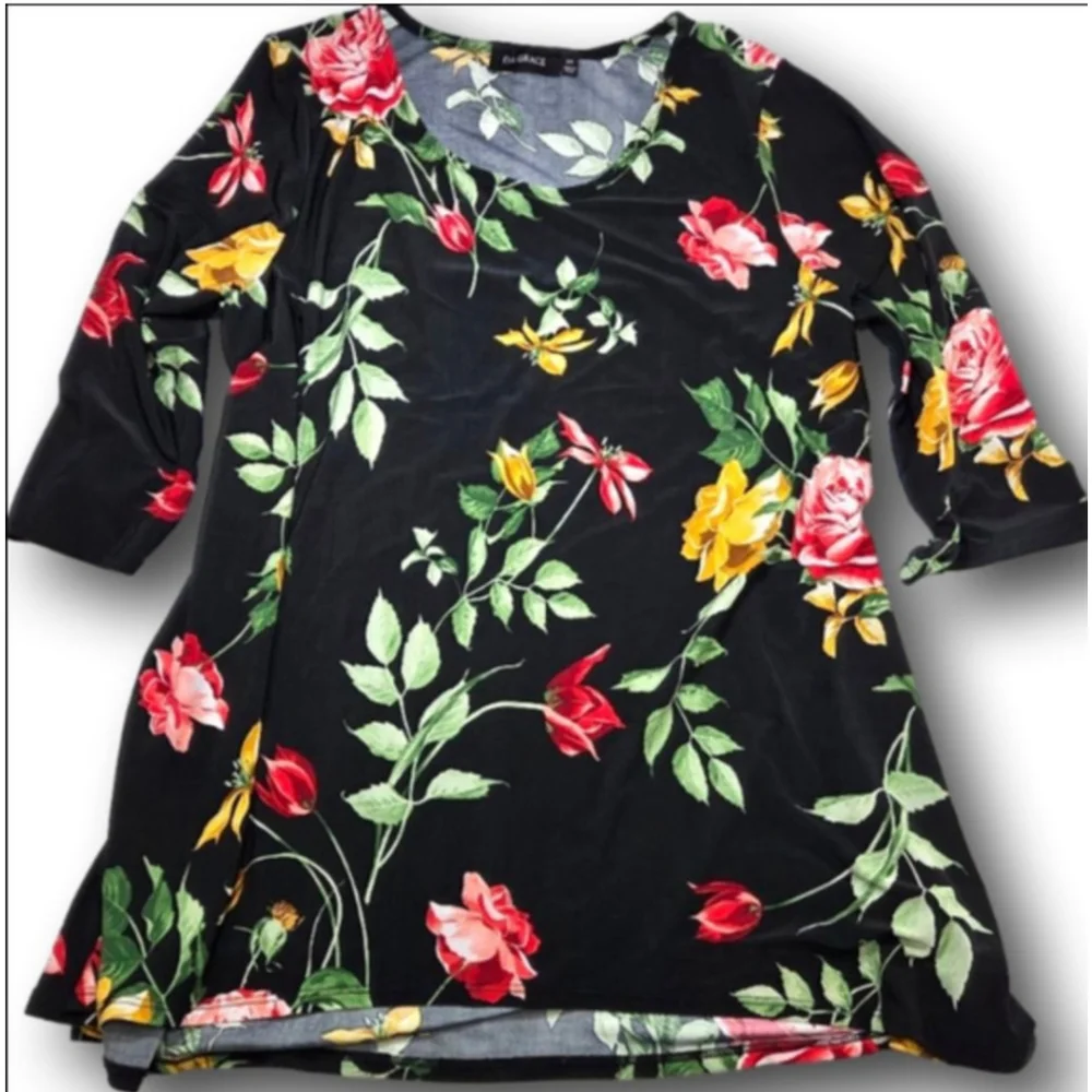 Women's DA GRACE Black Floral Tunic Top 2X